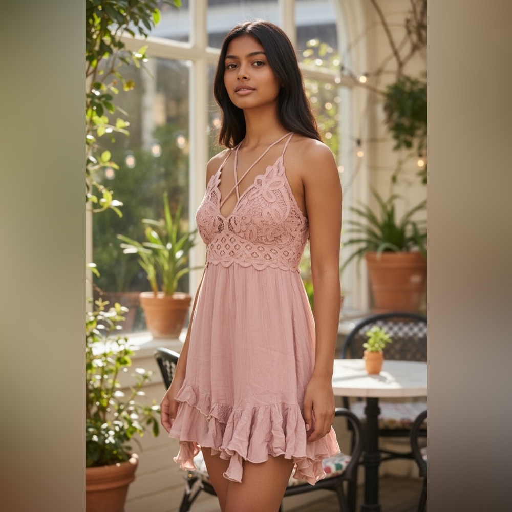 Free People Crochet Lace Boho Mini Dress S Pink Ruffle Hem Crisscross Back